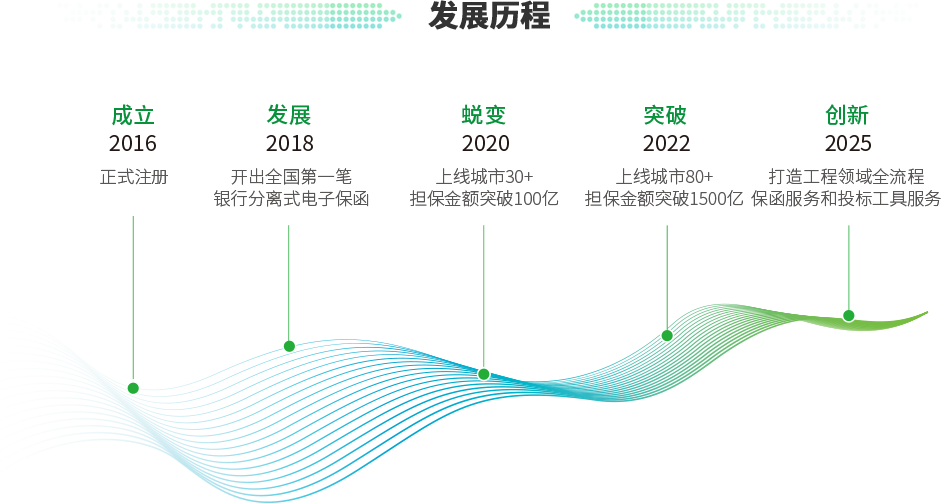 发展历程：2016年成立、2018年开出全国第一笔银行分离式电子保函、2020年上线城市30+，担保金额突破100亿、2022年上线城市80+，担保金额突破1500亿、2022年打造工程领域全流程保函服务和投标工具服务