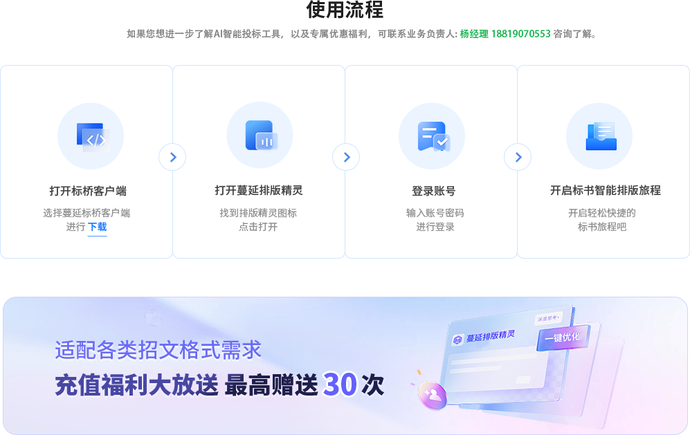 使用流程：打开标桥客户端；打开蔓延排版精灵；登录账号；开启标书智能排版旅程。