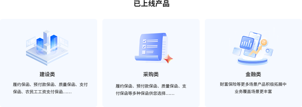 已上线产品，建设类：履约保函、预付款保函、质量保函、支付保函、农民工工资支付保函；采购类：履约保函、预付款保函、质量保函、支付保函等多种保函供您选择；金融类：财富保险等更多场景产品积极拓展中业务覆盖场景更丰富