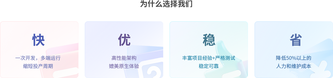 为什么选择我们？一次开发，多端运行 缩短投产周期；高性能架构媲美原生体验；丰富项目经验+严格测试稳定可靠；降低50%以上的人力和维护成本